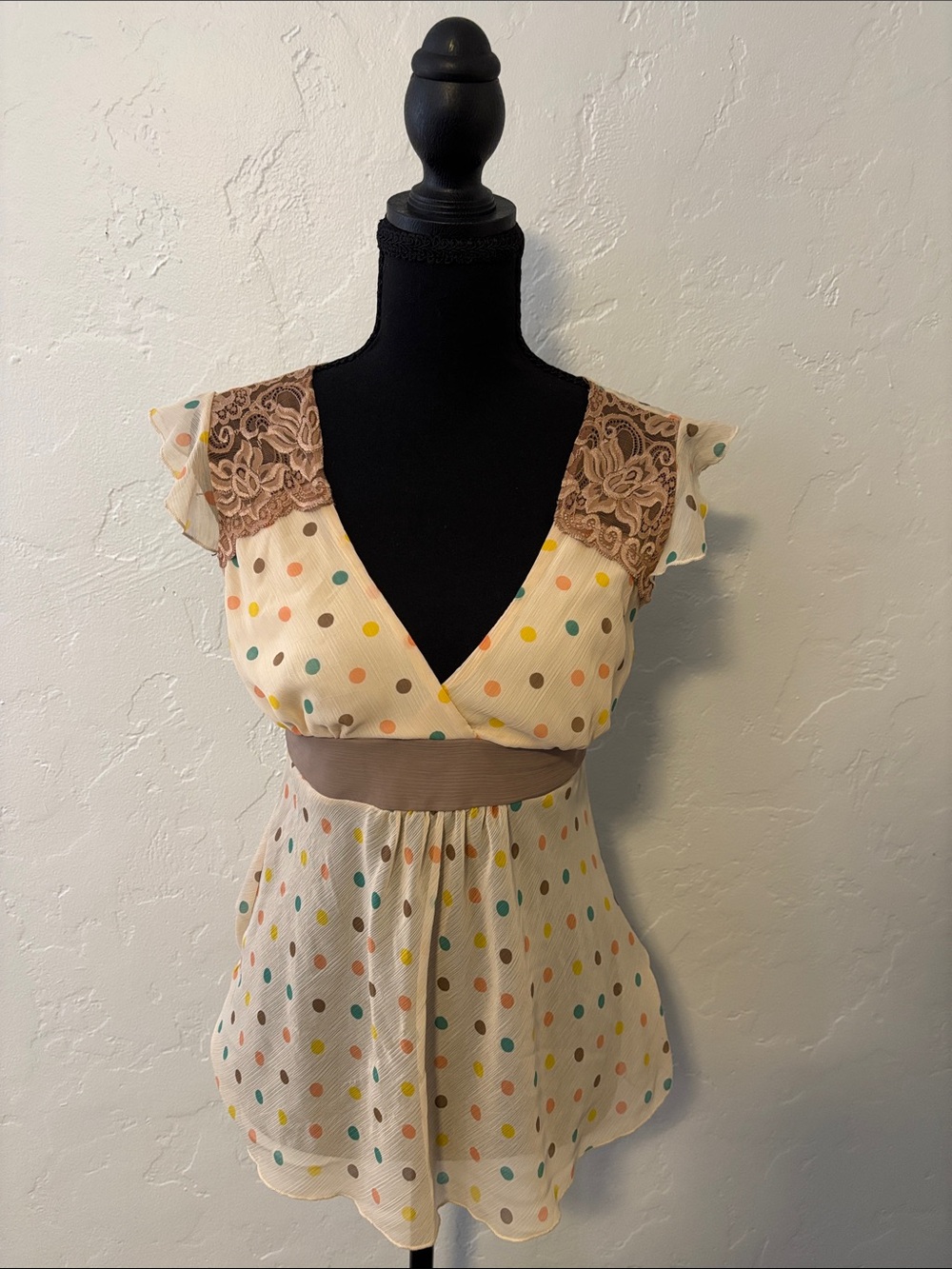 Cream Polka Dot V-Neck Tunic with Brown Lace Shoulders